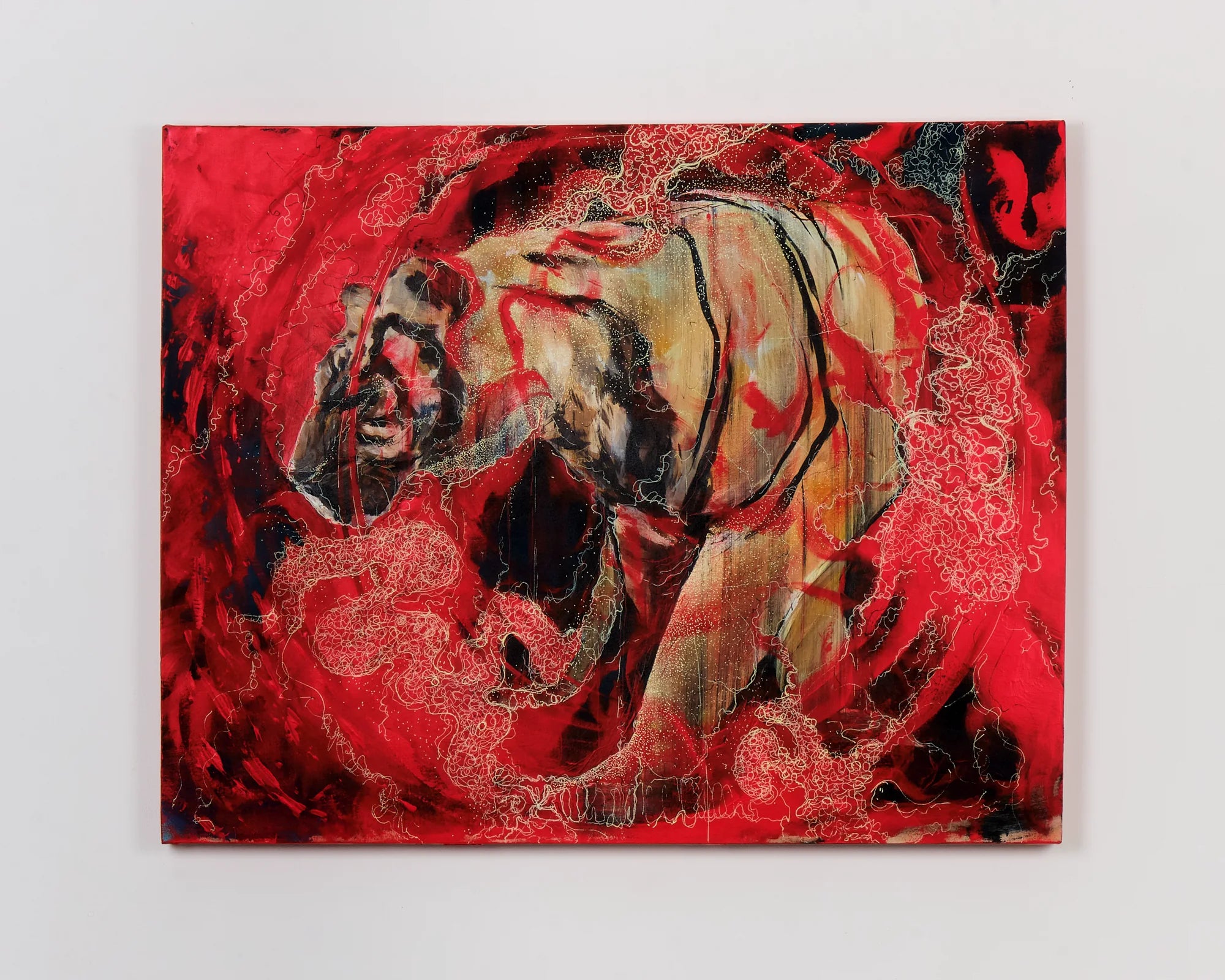 Red figurative painting with two intertwined figures
