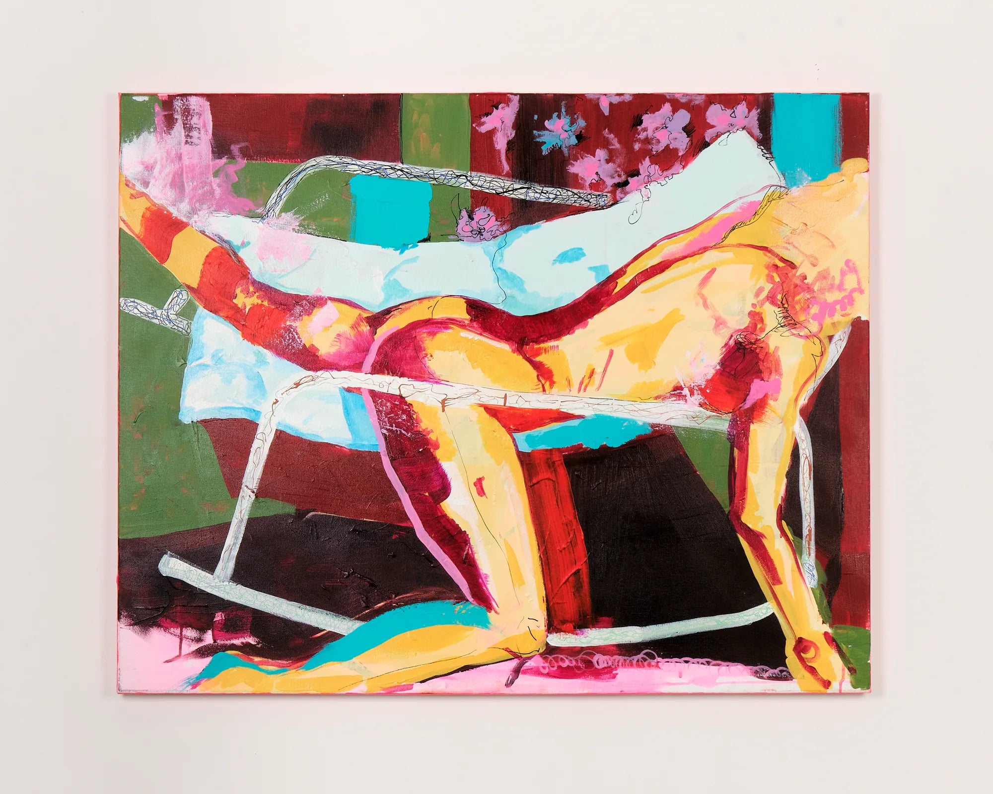 Figurative painting of a seated nude against a burgundy background